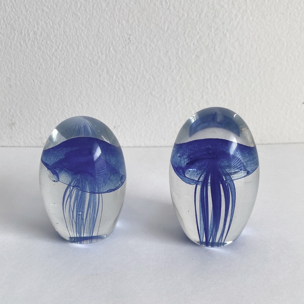 Blue Glass Jellyfish Paperweight Set of 2